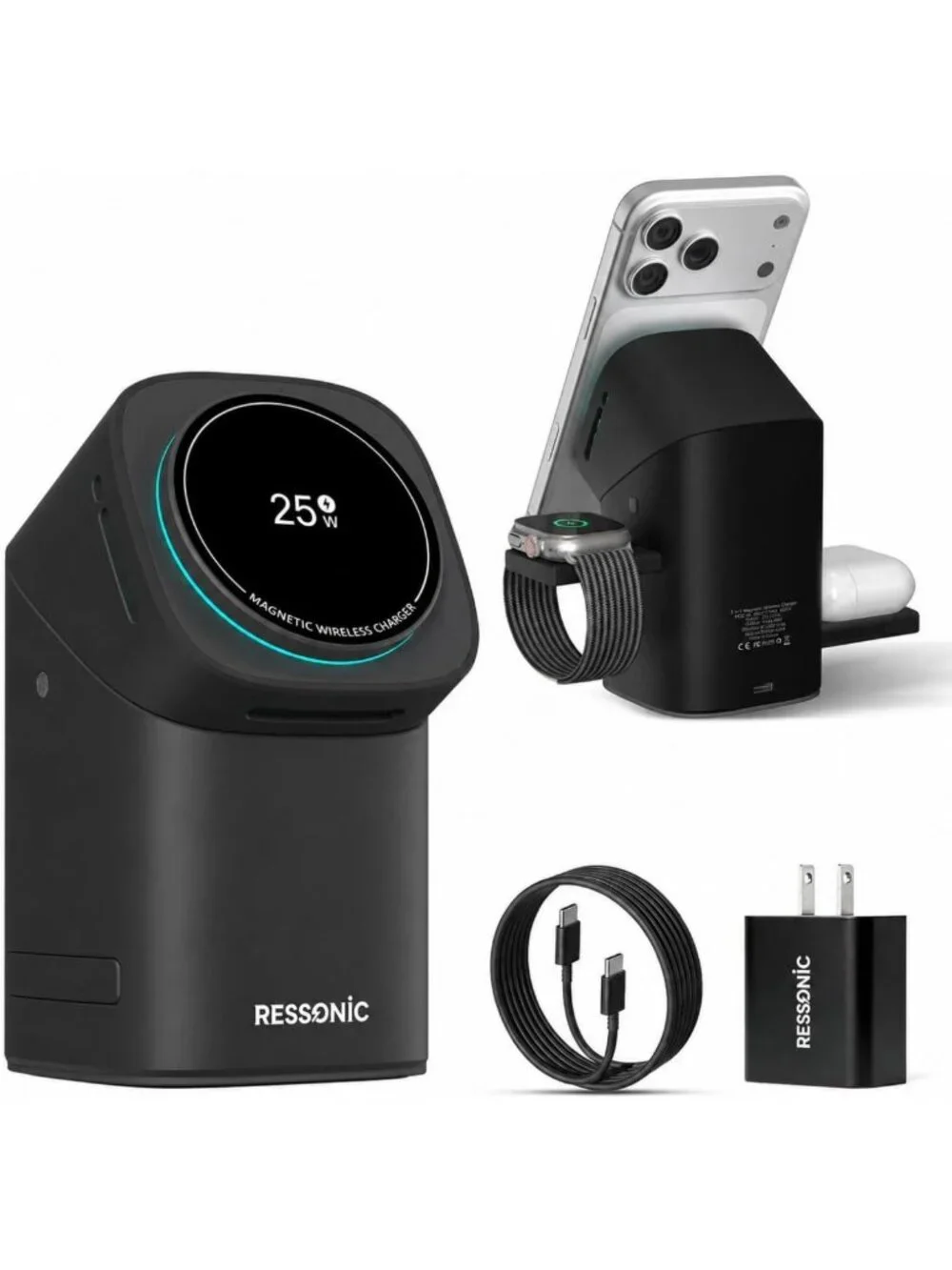 3-in-1 Fast Wireless Charging Station for iPhone, Galaxy, AirPods & iWatch - 25W